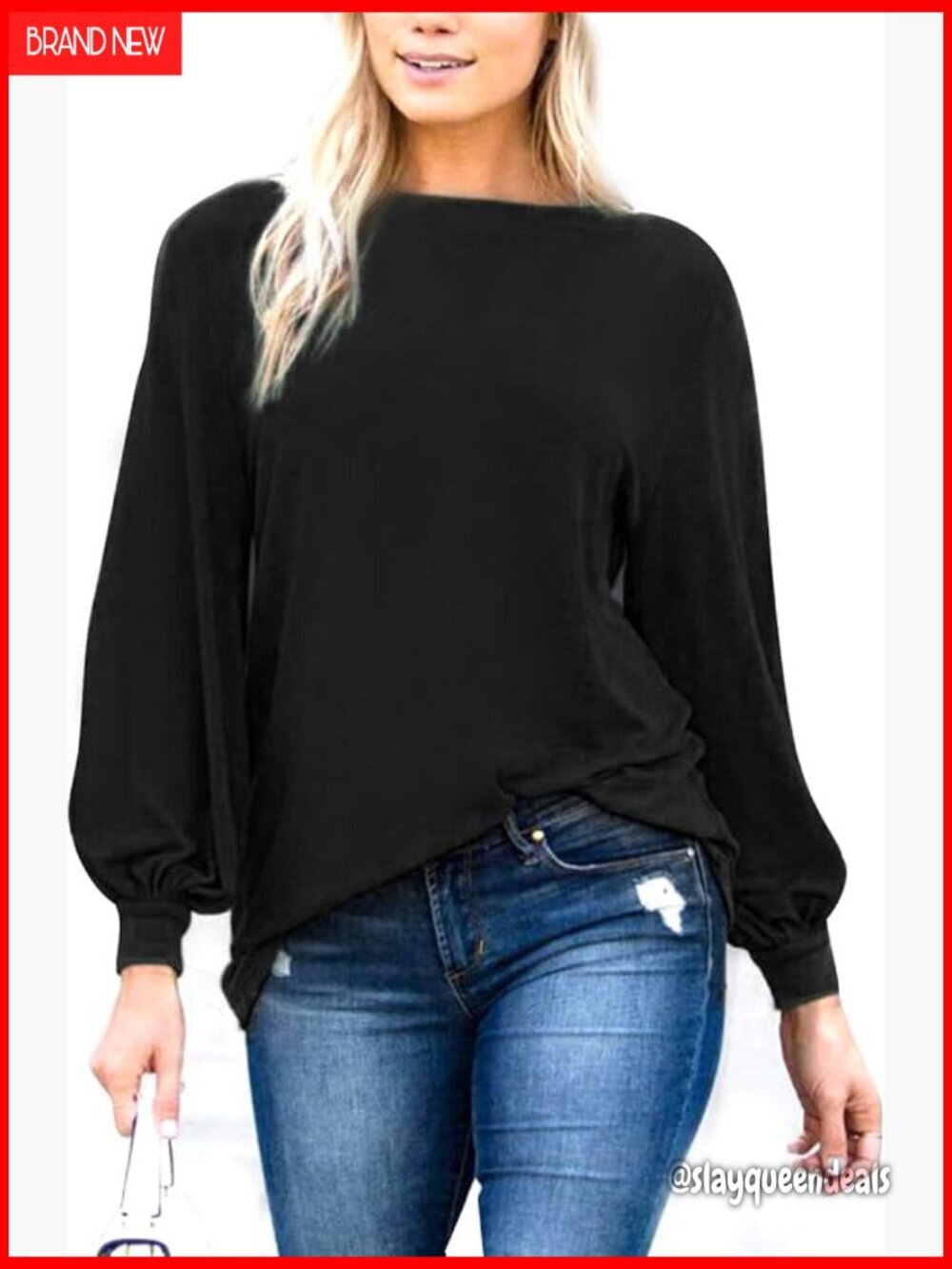 Long Sleeve Puff Sleeve Boat Neck Tunic Top Loose Fit Cotton Blend